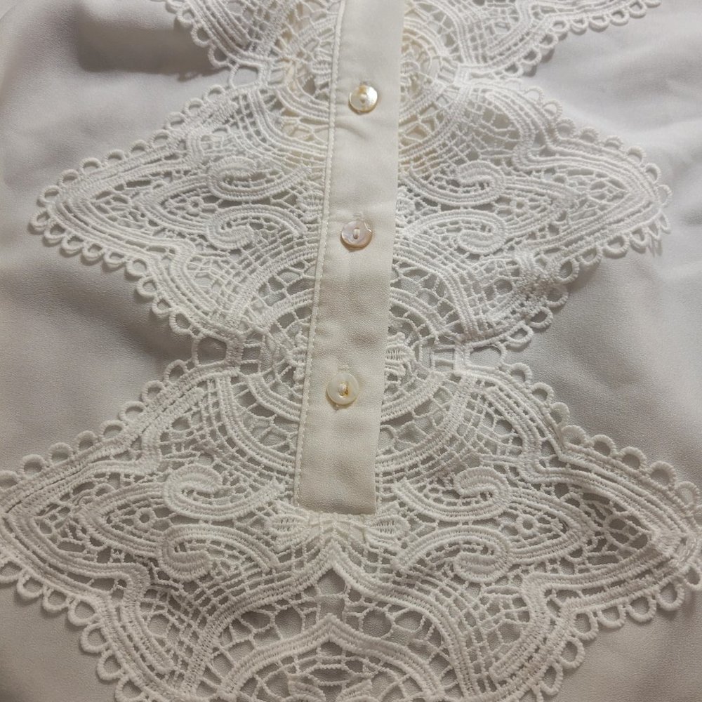 One of A Kind: Ivory Blouse with Mandarin Collar and Lace Details